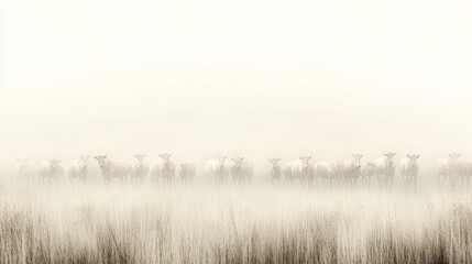 Fototapeta premium Sheep herd in foggy field, sunrise, calm landscape, nature photography, website banner