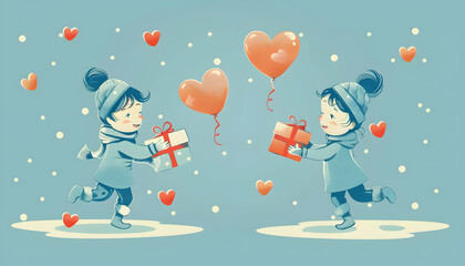 Fototapeta premium Illustration of Gift Exchange - Winter, Gifts, Hearts, Balloons, Children, Snow, Friendship, Joy, Celebration, Happiness