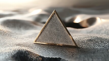 Triangular badge with detailed embroidery, floating in a well-lit scene for 3D branding presentations.