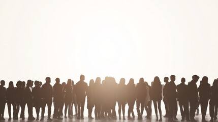 Naklejka premium Silhouetted crowd facing bright light, vast space