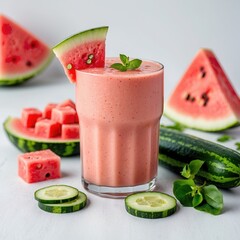 Refreshing watermelon smoothie with mint in light background