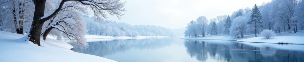 Snowy landscape with bare trees and frozen lake , frost, snow