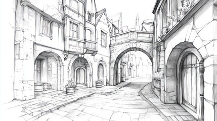 Medieval Street, Archway, Cobblestone, Europe, Sketch, Architecture, Design, Fantasy Background