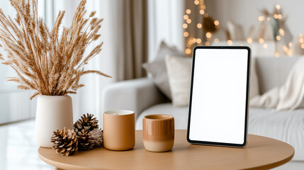 Cozy Living Room Decor With Empty Tablet Mockup