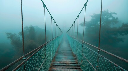 Obraz premium Misty suspension bridge through fog in jungle