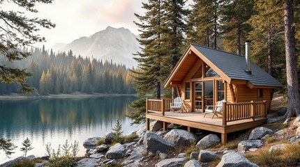 Tranquil lakeside cabin retreat amidst serene forest and mountain scenery
