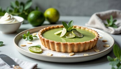 Lime tart with tarragon and almonds, beautifully plated on ceramic