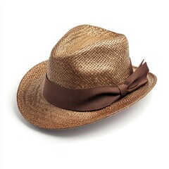 Straw hat, brown ribbon, white background, summer fashion