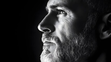 Profile portrait of a mature man with a beard, showcasing deep contemplation against a dark background