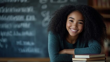Student Smiles, Happy to Learn,  Succeeding Academically in School, Confidently,  with Books and Chalkboard
