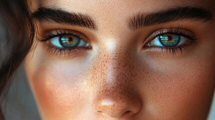 Fototapeta premium Close Up Of A Freckled Face With Striking Blue Eyes