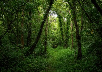 Naklejka premium Lush green tropical jungle pathway with dense foliage and tall trees
