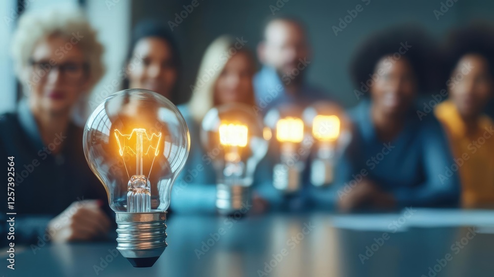 Poster Light bulb illuminated in foreground with blurred people in background discussing ideas and creativity