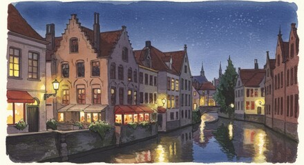Obraz premium Charming canal at night with illuminated buildings and starry sky in european town