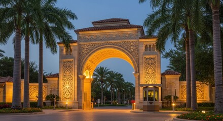 Fototapeta premium Elegant illuminated archway at dusk with palm trees and detailed architecture
