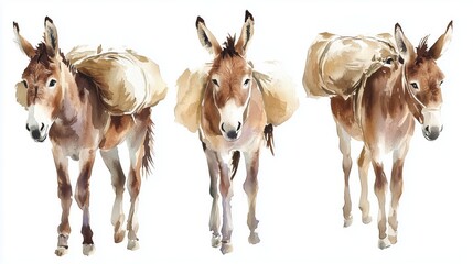 Fototapeta premium four Watercolor illustration of a friendly donkey carrying a load on a white background
