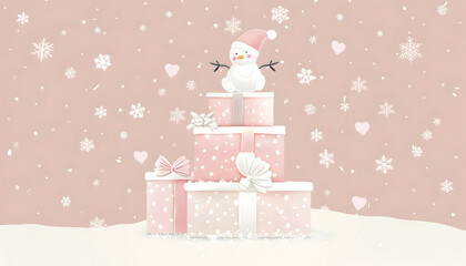 Illustration: Pink Christmas Gifts, Snowman, Snowflakes, and Hearts