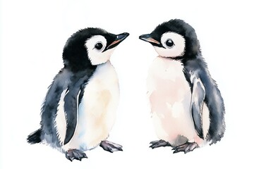 Obraz premium Penguins an isolated white background, watercolor illustration, cute baby penguin