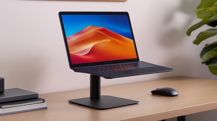 Modern workspace featuring a sleek laptop on a stand with a mouse, surrounded by minimal decor