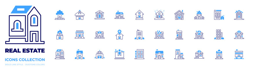 Real estate icon collection. Bold line style. Duotone colors. house, home, cottage, apartment, village, apartments, property