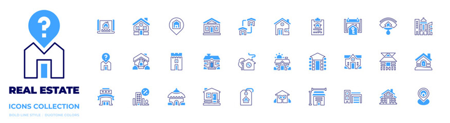 Real estate icon collection. Bold line style. Duotone colors. house, no house, log, discount, measurement, cottage, home, eco house, property, bungalow