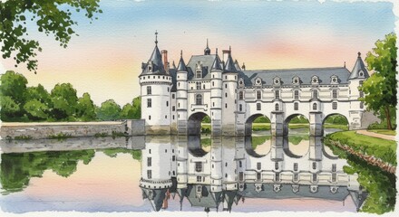Obraz premium Charming renaissance castle with reflections on a serene river at sunset