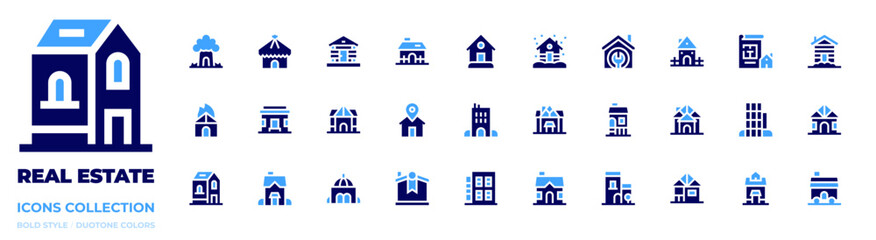 Real estate icon collection. Bold style. Duotone colors. tree house, fire, cabin, cottage, house, home, property