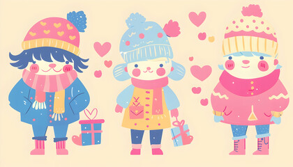 Illustration Cute Winter Characters Gifts Hearts Pastel Colors