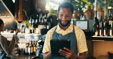 Alcohol, man and smile with tablet for small business, hospitality and tracking stock online. Restaurant, male person and bartender with digital for customer service, retail store and drinks order