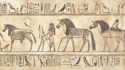 Ancient Egyptian tomb painting horses, humans, hieroglyphs