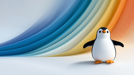 Obraz premium Playful Penguin Sliding Down a Giant Rainbow