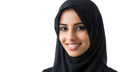 A smiling Arab middle eastern woman in white hijab