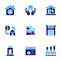 Real estate icon set. Bold style. Duotone colors. building, ruined, shelter, calendar, real estate, mortgage, garage, house