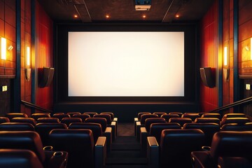 Fototapeta premium Ambient soft lighting and metallic wall details enhance the refined look of a modern cinema with neatly aligned premium leather seats and a blank white screen.