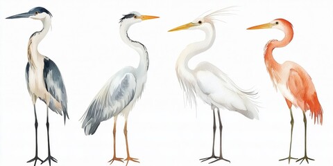 Obraz premium Set of four cute watercolor herons isolated on white background. 