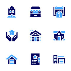 Real estate icon set. Bold style. Duotone colors. house, inheritance, garage, kiosk, cabin, insurance, home, hand over