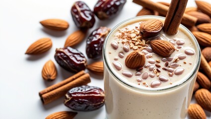 Fototapeta premium Creamy almond and date smoothie with cinnamon and seeds - a healthy treat