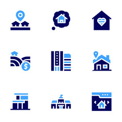 Real estate icon set. Bold style. Duotone colors. placeholder, dream, land, house, building, parliament, home, website