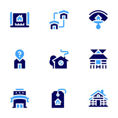 Real estate icon set. Bold style. Duotone colors. plan, house, no house, stilt house, discount, wood, crying