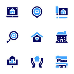 Real estate icon set. Bold style. Duotone colors. real estate, search, house, home, smartphone, blueprint