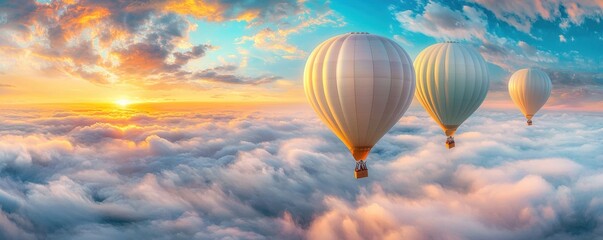 Fototapeta premium Sky scene with floating hot air balloon concept. Hot air balloons floating above clouds at sunset