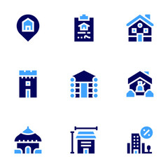 Real estate icon set. Bold style. Duotone colors. tower, log, house, measurement, mortgage, building, property, home