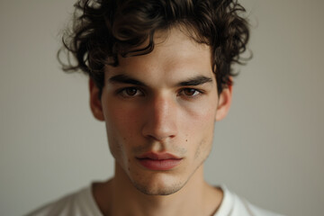 Obraz premium Close up portrait young man with curly brown hair and intense gaze against a neutral background