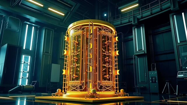 Futuristic energy generator in a high-tech laboratory with glowing elements and advanced machinery