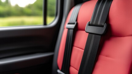 Seat belt and safety innovation, A close-up of a red car seat with a black seatbelt, set against a blurred green background, emphasizing comfort and safety in vehicles.
