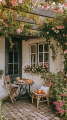 Charming garden breakfast nook surrounded by vibrant blooms.