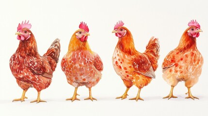 Fototapeta premium set of four watercolor chickens with a white background