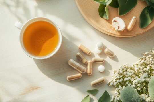 High angle view of assorted adaptogen supplements with tea and fresh green leaves on a wooden surface with earthy tone. Wellness and healthy lifestyle with food supplement concept.