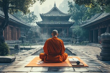 Monk meditating temple courtyard, mountains background, serenity
