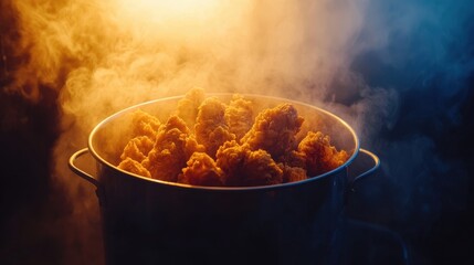 A steaming bucket of crispy fried chicken, fresh from the fryer. Perfect for food commercials and branding.